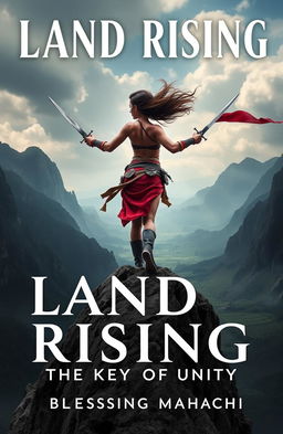 A fierce woman warrior standing confidently on the edge of a majestic mountain, wielding two sharp blades