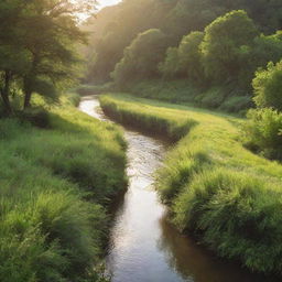 A lush, tranquil river winding through a verdant landscape basked in the soft light of the morning sun.