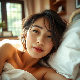 A close-up image of an Asian woman lying in bed, her expression soft and dreamy