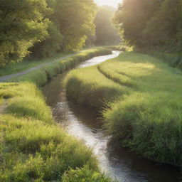 A lush, tranquil river winding through a verdant landscape basked in the soft light of the morning sun.