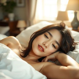 A close-up image of an Asian woman lying in bed, her expression soft and dreamy