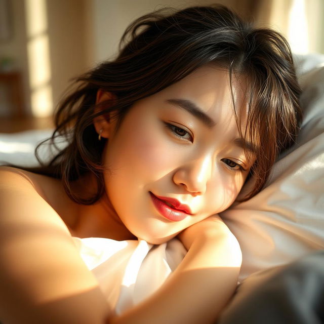 A close-up image of an Asian woman lying in bed, her expression soft and dreamy