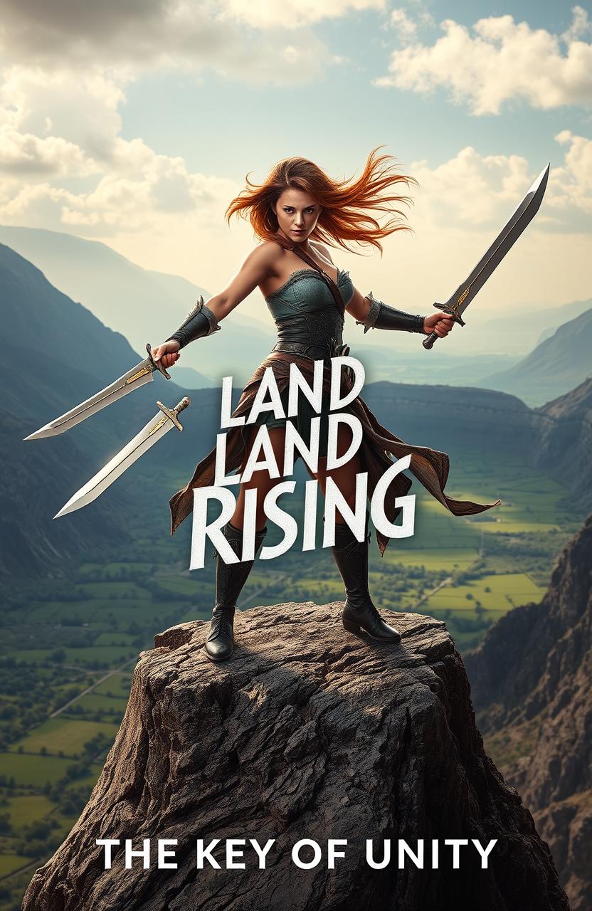 A powerful woman warrior stands confidently on the edge of a majestic mountain, wielding two gleaming blades