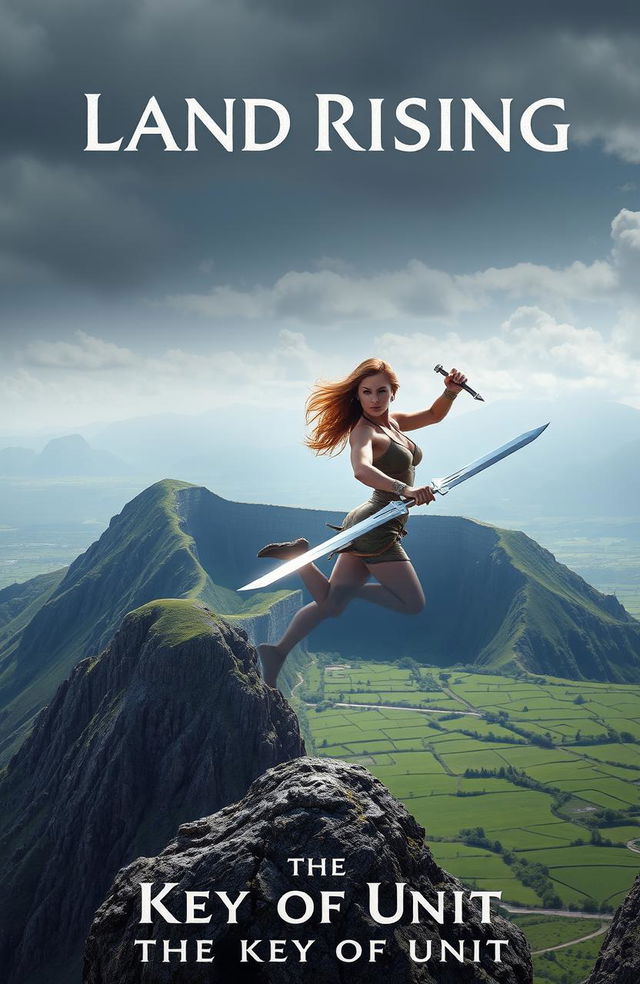 A powerful woman warrior stands confidently on the edge of a majestic mountain, wielding two gleaming blades