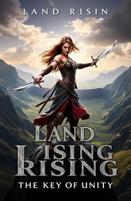 A powerful woman warrior stands confidently on the edge of a majestic mountain, wielding two gleaming blades