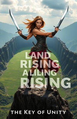 A powerful woman warrior stands confidently on the edge of a majestic mountain, wielding two gleaming blades