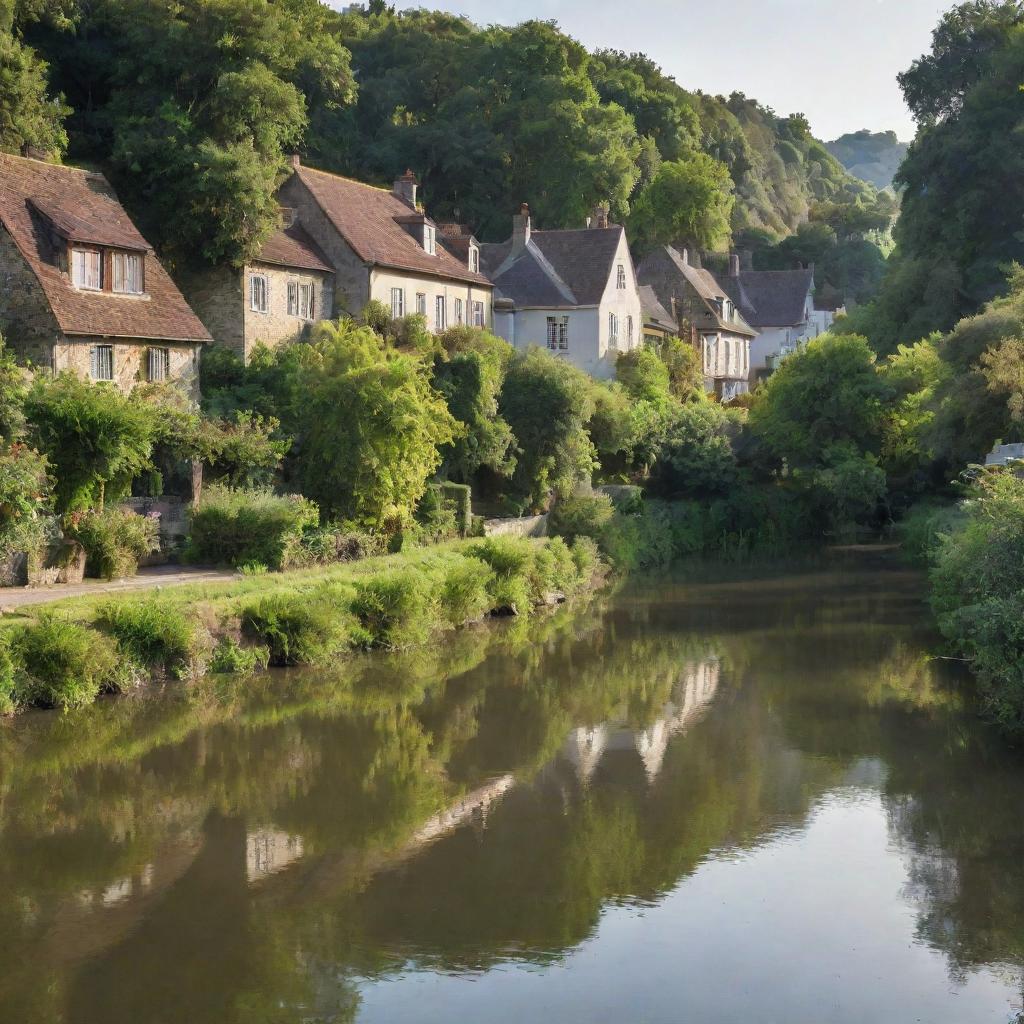 The same lush, tranquil river, now surrounded by quaint, charming houses nestled among the lush greenery along its banks, all under the soft morning sun