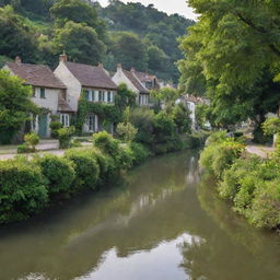 The same lush, tranquil river, now surrounded by quaint, charming houses nestled among the lush greenery along its banks, all under the soft morning sun