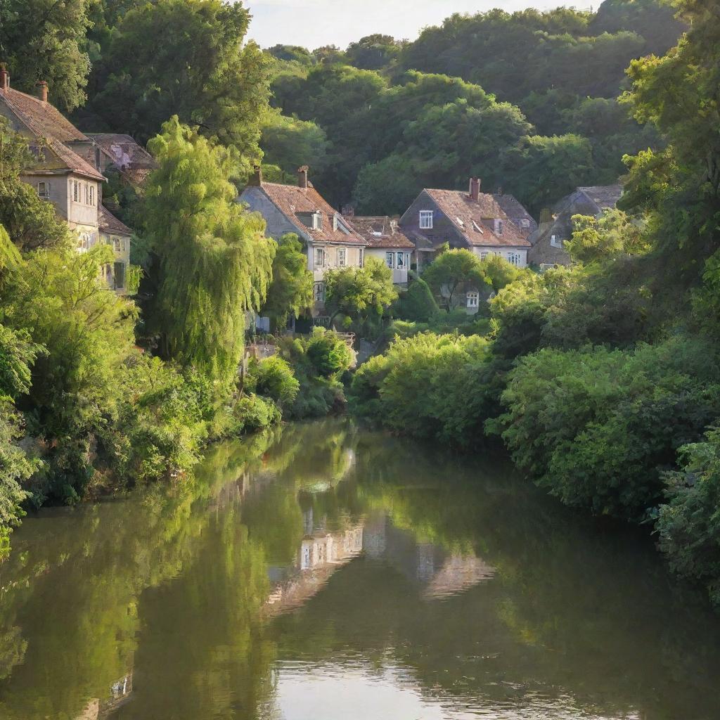 The same lush, tranquil river, now surrounded by quaint, charming houses nestled among the lush greenery along its banks, all under the soft morning sun