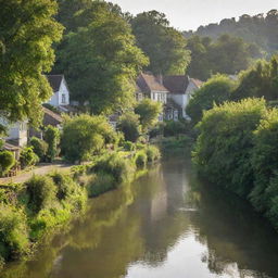 The same lush, tranquil river, now surrounded by quaint, charming houses nestled among the lush greenery along its banks, all under the soft morning sun