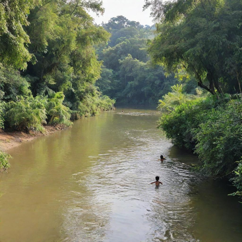 The serene river with lush green houses and now adding laughter-filled children, splashing and swimming joyfully in the river under sunlit sky