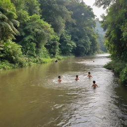 The serene river with lush green houses and now adding laughter-filled children, splashing and swimming joyfully in the river under sunlit sky