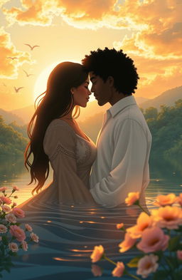 A romantic scene depicting two figures finding love amidst a picturesque landscape