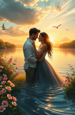 A romantic scene depicting two figures finding love amidst a picturesque landscape