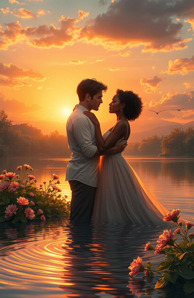 A romantic scene depicting two figures finding love amidst a picturesque landscape