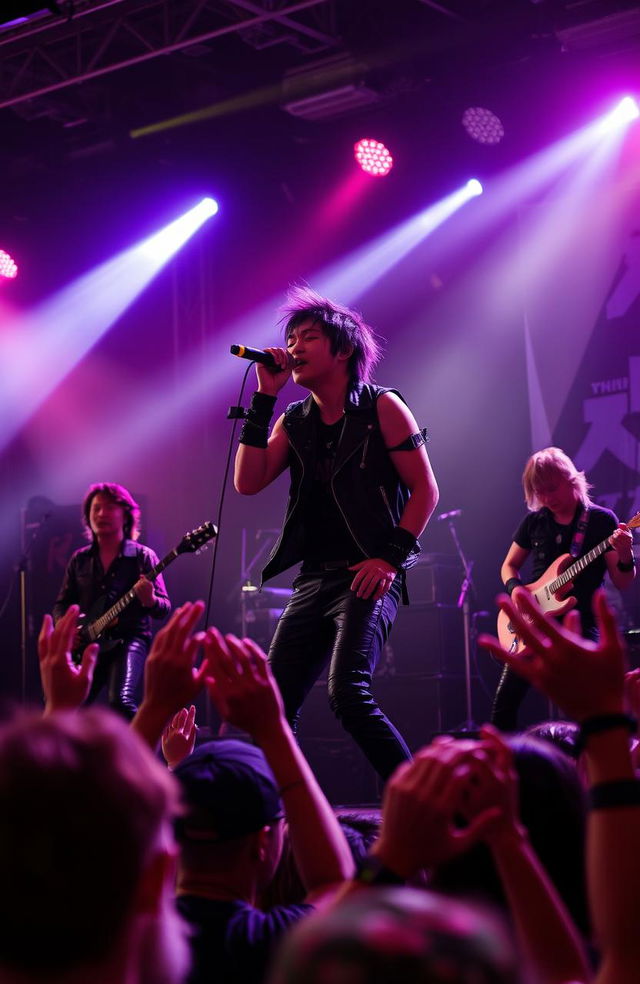 A dynamic and energetic band performance featuring the Japanese rock band Coldrain, with a focus on the lead vocalist passionately singing into a microphone