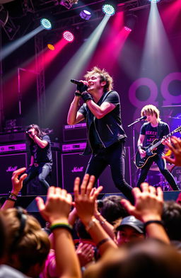 A dynamic and energetic band performance featuring the Japanese rock band Coldrain, with a focus on the lead vocalist passionately singing into a microphone