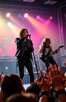 A dynamic and energetic band performance featuring the Japanese rock band Coldrain, with a focus on the lead vocalist passionately singing into a microphone