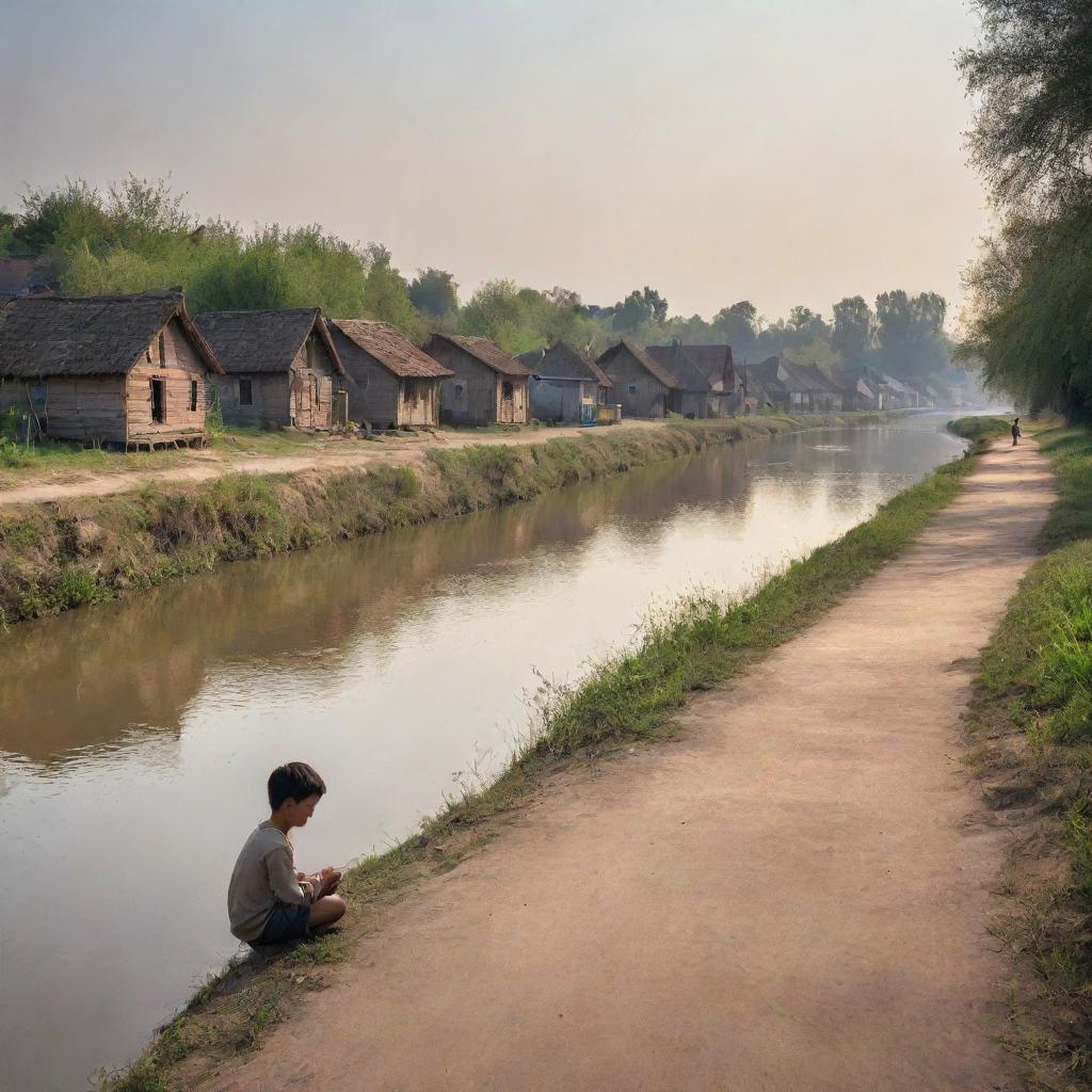 In the scene of the inviting river, playful children, and riverside houses, insert a solitary man, his tears of nostalgia glistening in the sunlight, vividly reminiscent of his past