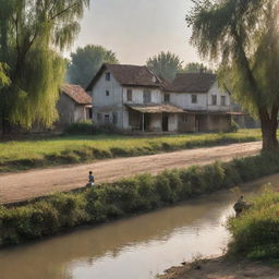 In the scene of the inviting river, playful children, and riverside houses, insert a solitary man, his tears of nostalgia glistening in the sunlight, vividly reminiscent of his past