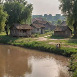 In the scene of the inviting river, playful children, and riverside houses, insert a solitary man, his tears of nostalgia glistening in the sunlight, vividly reminiscent of his past