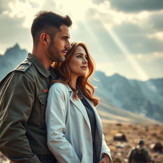 A romantic and emotional scene depicting Captain Cambell Hedger, a rugged military man in his mid-30s with short, dark hair and a strong build, standing confidently in a remote military base with rugged mountains in the backdrop