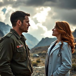 A romantic and emotional scene depicting Captain Cambell Hedger, a rugged military man in his mid-30s with short, dark hair and a strong build, standing confidently in a remote military base with rugged mountains in the backdrop