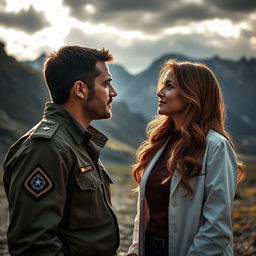 A romantic and emotional scene depicting Captain Cambell Hedger, a rugged military man in his mid-30s with short, dark hair and a strong build, standing confidently in a remote military base with rugged mountains in the backdrop