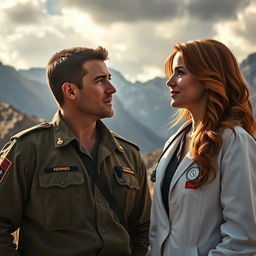 A romantic and emotional scene depicting Captain Cambell Hedger, a rugged military man in his mid-30s with short, dark hair and a strong build, standing confidently in a remote military base with rugged mountains in the backdrop