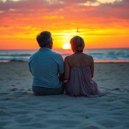 A serene scene depicting a man and a woman sitting together on a sandy beach at sunset, reflecting on their long journey through life