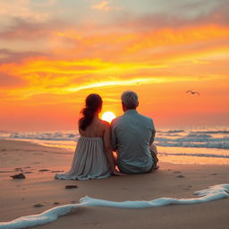 A serene scene depicting a man and a woman sitting together on a sandy beach at sunset, reflecting on their long journey through life