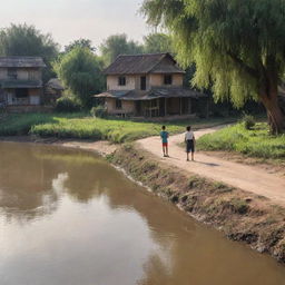 In the scene of the inviting river, playful children, and riverside houses, insert a solitary man, his tears of nostalgia glistening in the sunlight, vividly reminiscent of his past