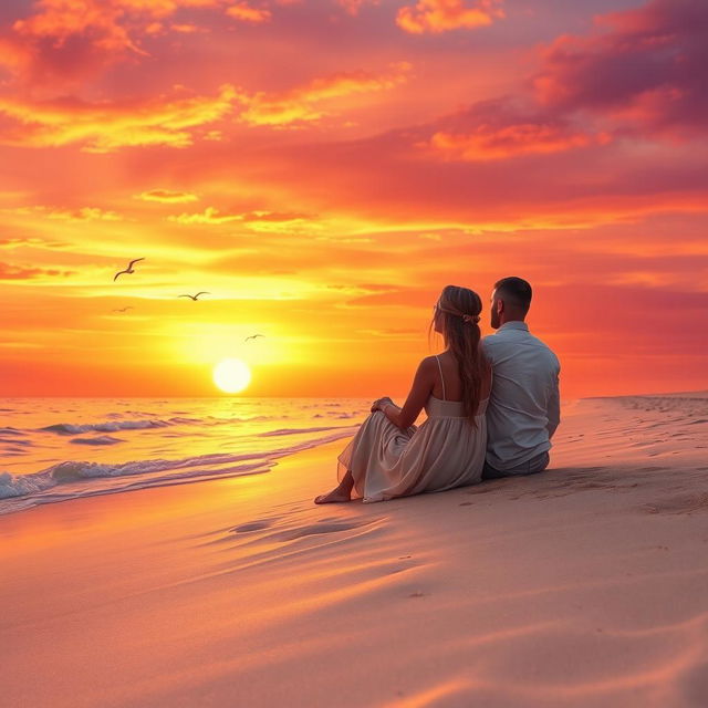 A serene scene depicting a man and a woman sitting together on a sandy beach at sunset, reflecting on their long journey through life