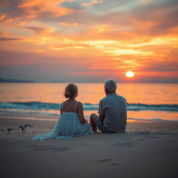 A serene scene depicting a man and a woman sitting together on a sandy beach at sunset, reflecting on their long journey through life