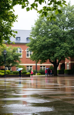 A serene school courtyard during a rain shower, with puddles forming on the pavement