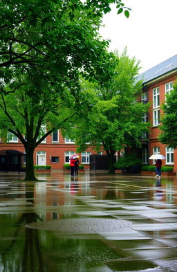 A serene school courtyard during a rain shower, with puddles forming on the pavement