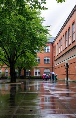 A serene school courtyard during a rain shower, with puddles forming on the pavement