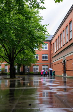 A serene school courtyard during a rain shower, with puddles forming on the pavement