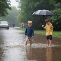 Transform the sunny riverside scene into a dramatic display as a heavy rain suddenly pours down, children’s laughter dimmed, and the nostalgic man's tears merge with the raindrops