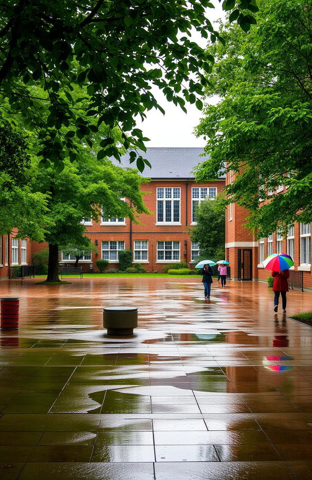 A serene school courtyard during a rain shower, with puddles forming on the pavement