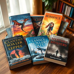 A collection of beautifully designed book covers on a wooden table, showcasing various genres such as fantasy, romance, science fiction, and mystery