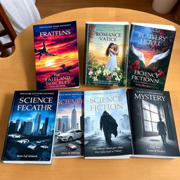 A collection of beautifully designed book covers on a wooden table, showcasing various genres such as fantasy, romance, science fiction, and mystery