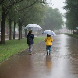 Transform the sunny riverside scene into a dramatic display as a heavy rain suddenly pours down, children’s laughter dimmed, and the nostalgic man's tears merge with the raindrops