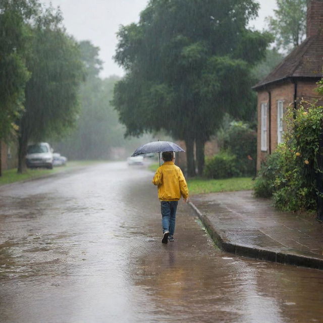 Transform the sunny riverside scene into a dramatic display as a heavy rain suddenly pours down, children’s laughter dimmed, and the nostalgic man's tears merge with the raindrops