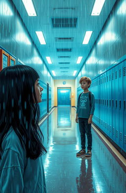 A captivating school hallway drenched in blue rain, with droplets cascading from the ceiling, creating a dreamy atmosphere