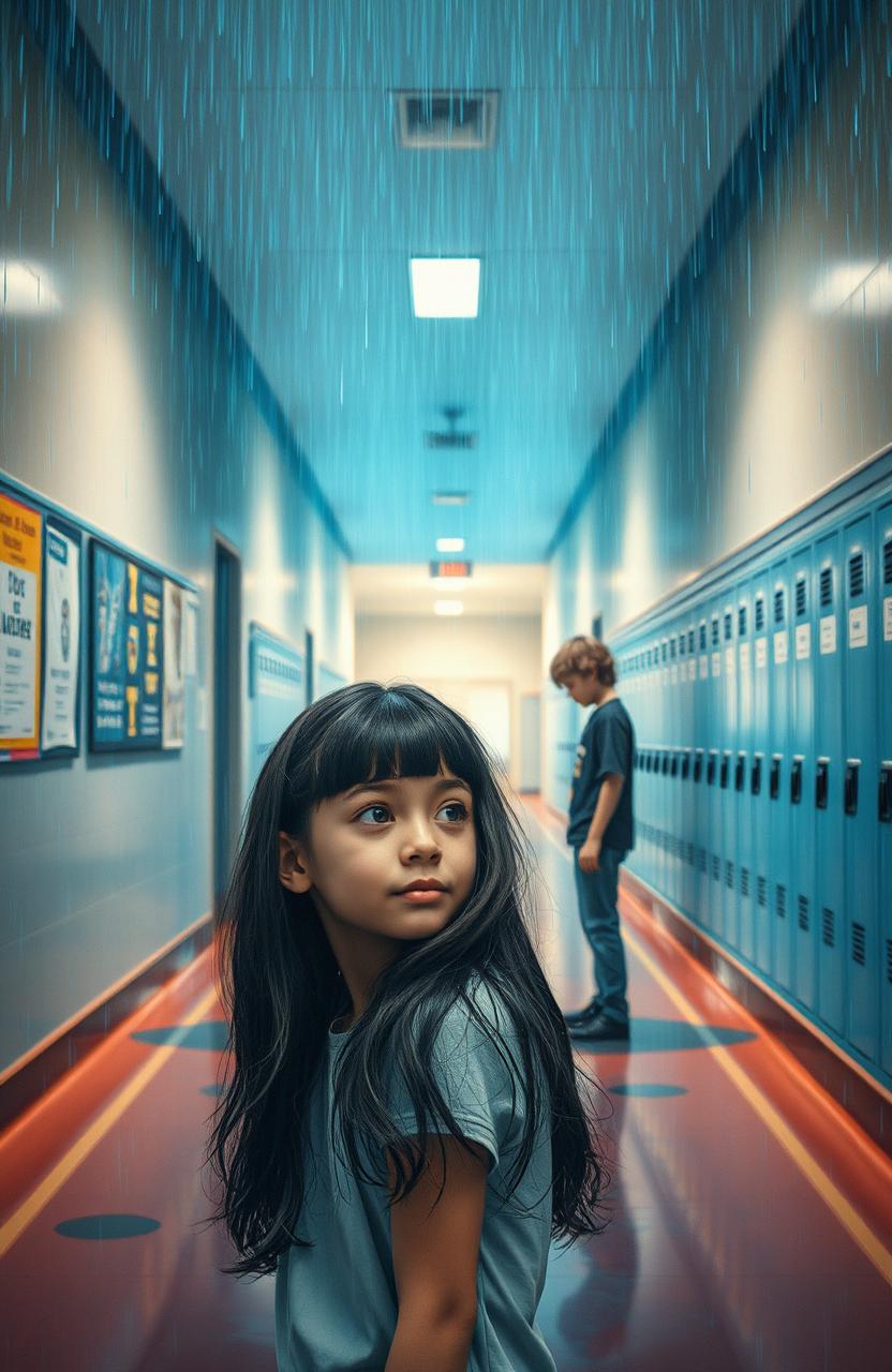 A captivating school hallway drenched in blue rain, with droplets cascading from the ceiling, creating a dreamy atmosphere