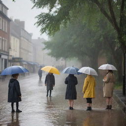 Transform the sunny riverside scene into a dramatic display as a heavy rain suddenly pours down, children’s laughter dimmed, and the nostalgic man's tears merge with the raindrops