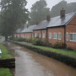 Amend the rainy riverside scene to show residents of the riverside houses hastily retreating inside, leaving the rain-soaked landscape eerily quiet, save for the downpour