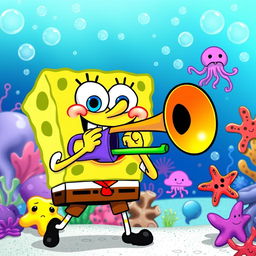A whimsical cartoon scene featuring a cheerful SpongeBob SquarePants playing a large, colorful trombone with a big grin on his face