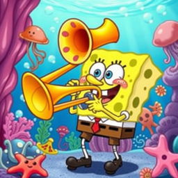 A whimsical cartoon scene featuring a cheerful SpongeBob SquarePants playing a large, colorful trombone with a big grin on his face